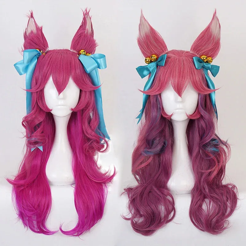 

Game LOL Spirit Blossom Ahri Cosplay Wig Gradient Long Wave Curls Heat Resistant Synthetic Hair Halloween Party Wigs + Wig Cap