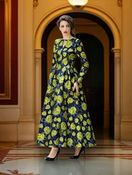Elegant Jacquard Dress for Women Evening Gowns Vintage Fall Long Maxi Dresses Floral Luxury Party Robes Formal Occasion Clothing