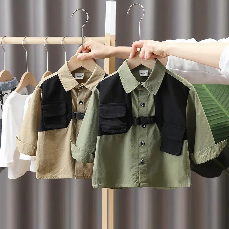 Boys' Spring  Children's Lapel Shirt 2024 New Children's Shirt Medium  Children's Long Sleeve Fried Street Top Fashion Brand