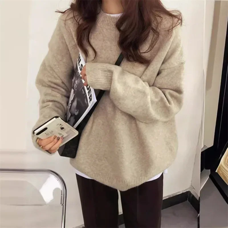 

Pullovers Solid O Neck Women Knitting Sweaters Long Sleeve Spliced Casual Jumpers Loose Fit Autumn 2024 Thick Slight Strech