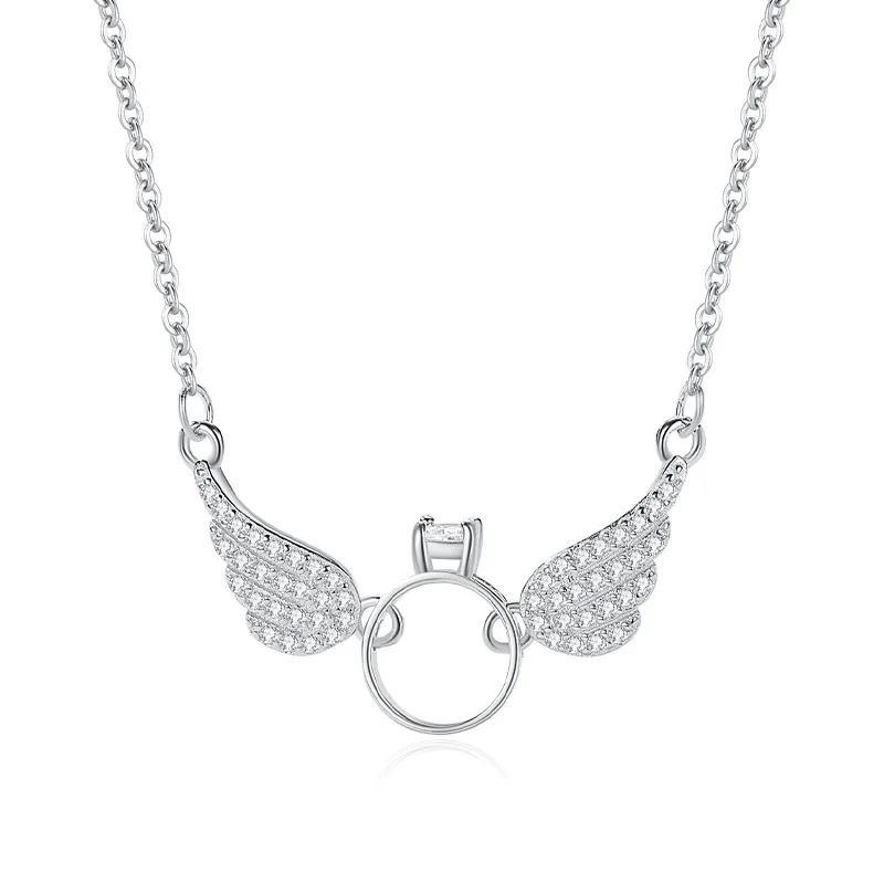 

S925 Sterling Silver Necklace with Diamond Studded Wings and Collarbone Chain