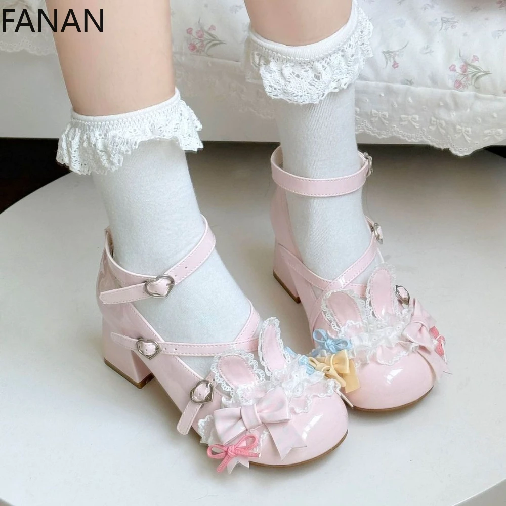 

Rabbit Ears Low Heel Women's Shoes Sweet Lolita Single Shoes Bow Summer Pink Kawaii Pumps Mary Jane Platform Heels