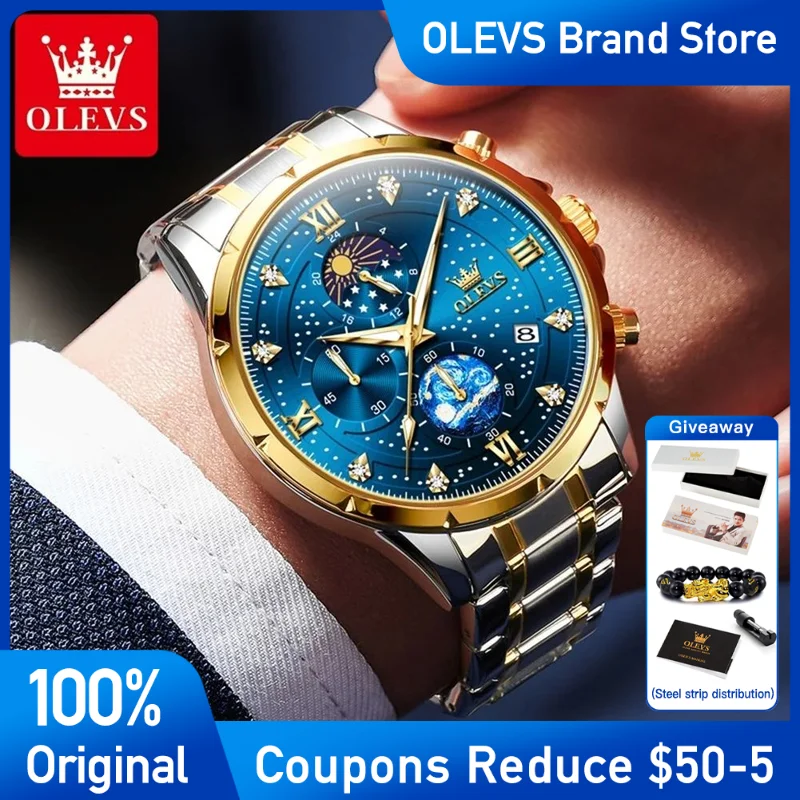

OLEVS 9807 Men's Watches Stainless steel Quartz Watch for Man Multifuncion Waterproof Luminous Moon Phase brand watch Men