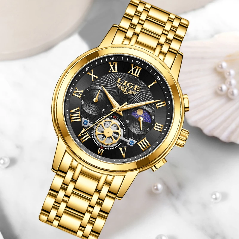 New LIGE Ladies Wristwatch Luxury Waterproof Luminous  Gold Watch For Women Dress Stainless Steel Quartz Women\'s Watches+Box