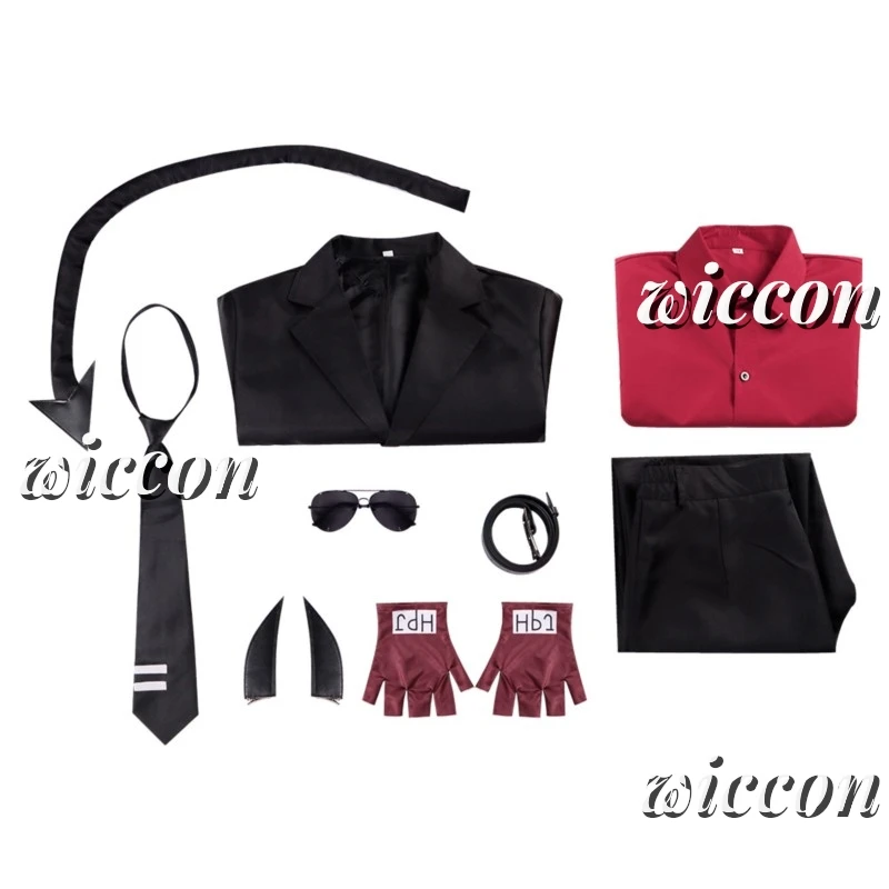 Rechtvaardigheid Cosplay Spel Helltaker De Geweldige Demon Kostuum Justice Uniform Pruik Shirt Broek Staart Pak Feest Outfit Voor Vrouw Man