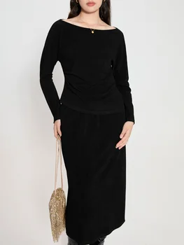 DUSHU-Conjunto de falda negra para mujer, Top Irregular de manga larga con cuello oblicuo, Falda larga con cintura elástica, 24DH83005 + 24DH83004