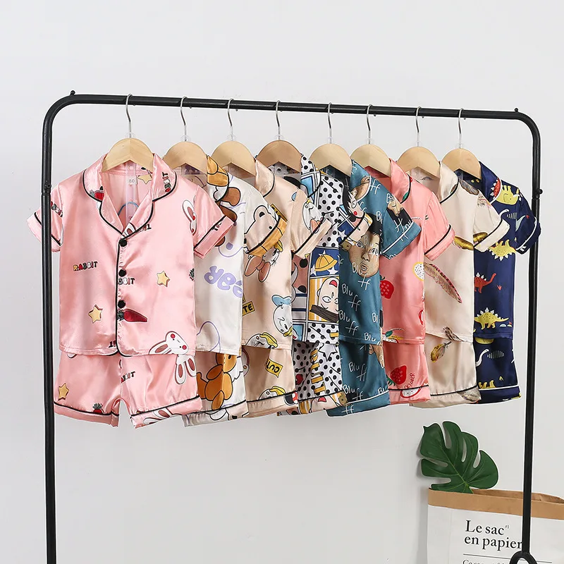 Children Silk Satin Pajamas Set Baby Boys Girls Cartoon Lapel T-shirt Shorts 2Pcs Suit Kids Summer Ice Silk Nightgown Loungewear