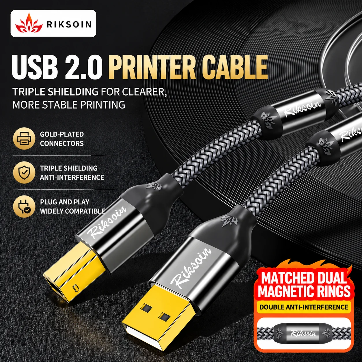 Câble d'imprimante USB Riksoin 6FT, câble USB 2.0 Type A mâle vers Type B mâle pour imprimante scanner, cordon de transfert de données haute vitesse pour H