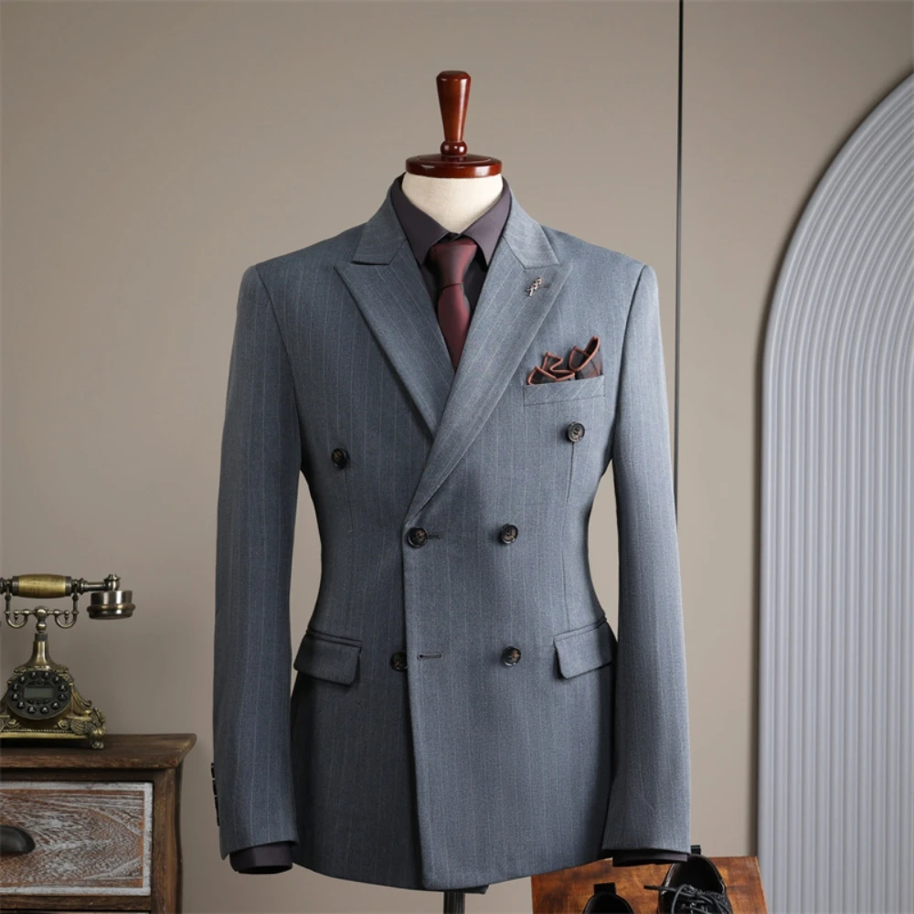 Chic Striped Slim Tuxedo, 2026 In Stock Double Breasted Jacket, Stunning Men's Suit, Peak Lapel Groom Wear, One Piece, 4 Colors
