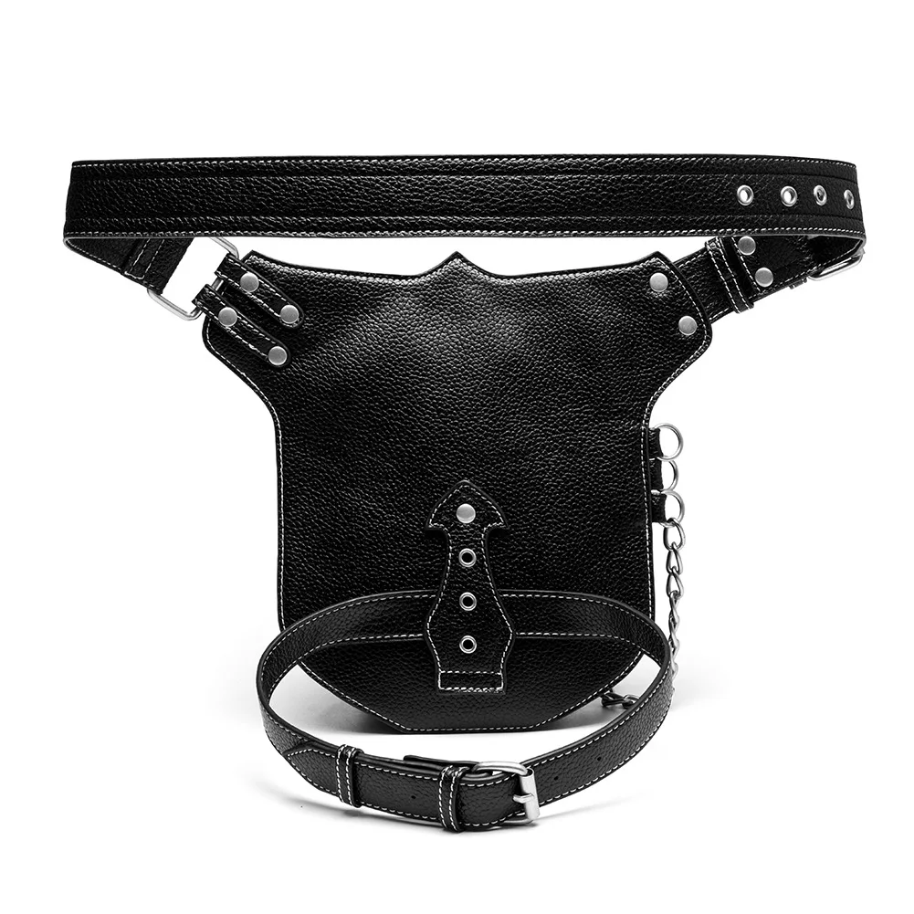 Heavy Metal Crossbody Waist Bag Unisex Motorcycle Steam Punk Gothic Style Chain Linked Bag Youth Casual Waterproof PU Leather