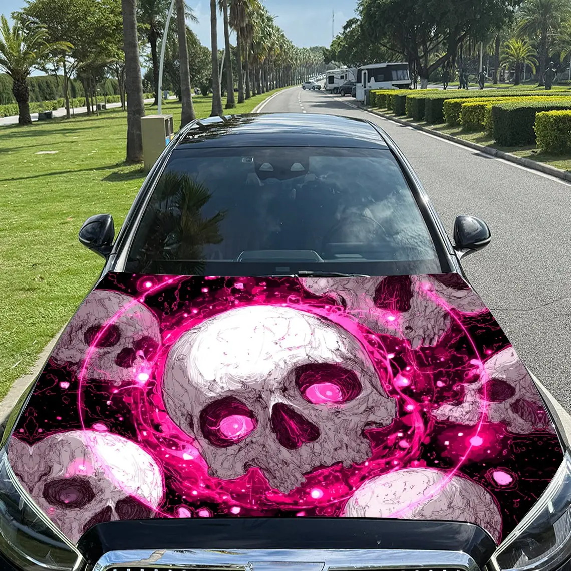 

Pink Magic Circle Skulls Car Vinyl Wrap, PVC Material Waterproof Car Hood Sticker, Self-Adhesive Scratch-Resistant Stickers for