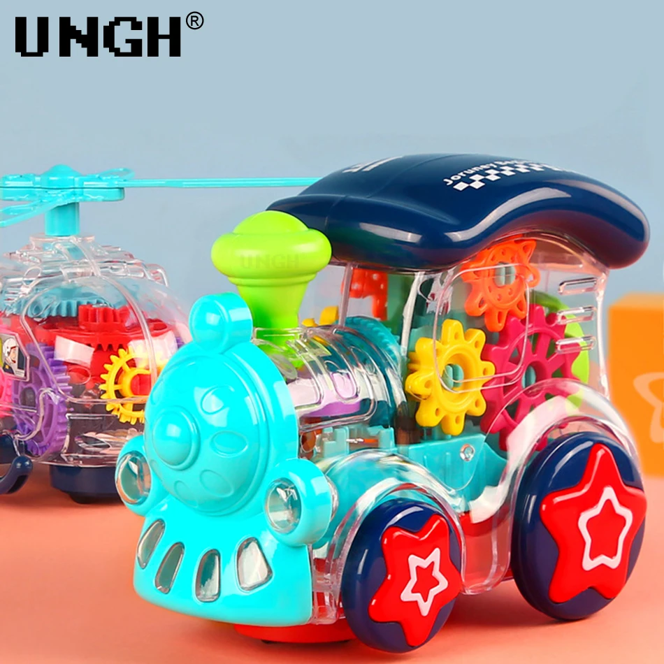 UNGH Cartoon Gear Train Helicopter Intelligence Baby Electric Universal Wheel Car with Light Music Children Toy Kid Random Color