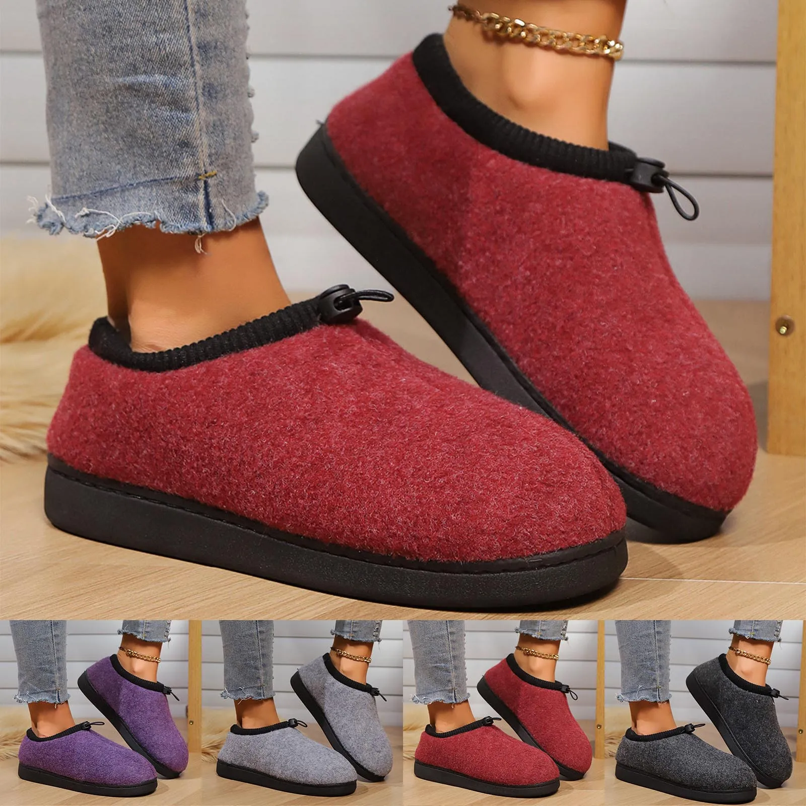 Short Plush Slippers For Women Winter Warm Cozy Home Slides Flat Non-Slips Female Slippers Fur Suede Soft Warm Bottom Shoes