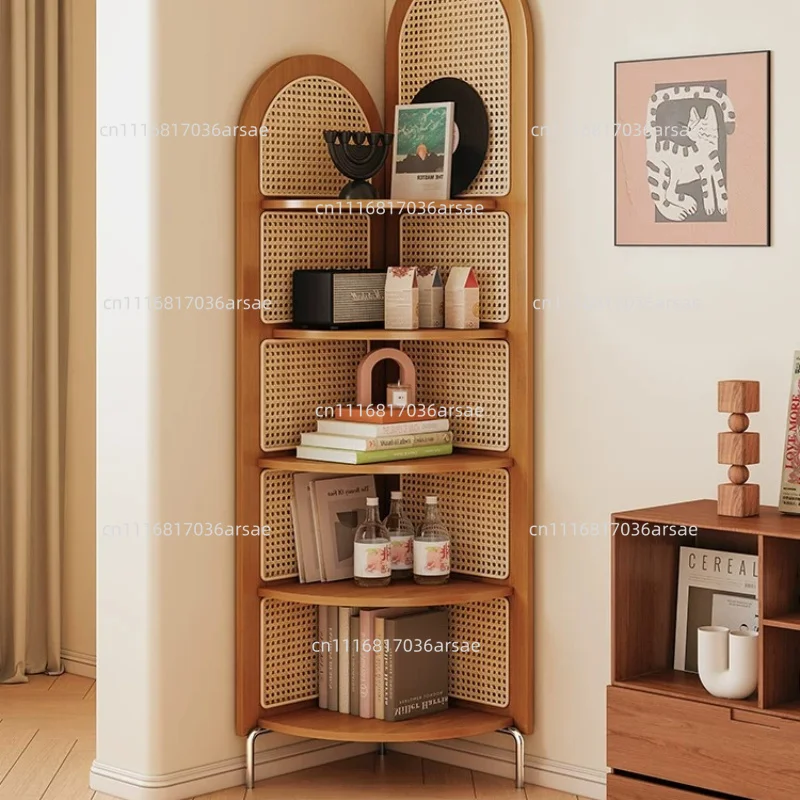 Retro solid wood triangular corner cabinet rattan living room multi-layer storage cabinet study storage