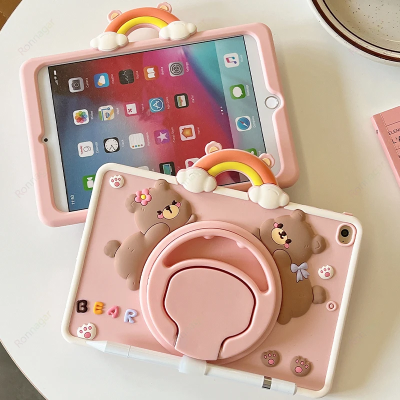 เคส3D หมีสายรุ้งน่ารักสำหรับ iPad Air 11นิ้ว M2 2024 Air 6th/10.9 4th 5th อากาศรุ่น10th 10.2 ''iPad 5/6/7/8/9th MINI