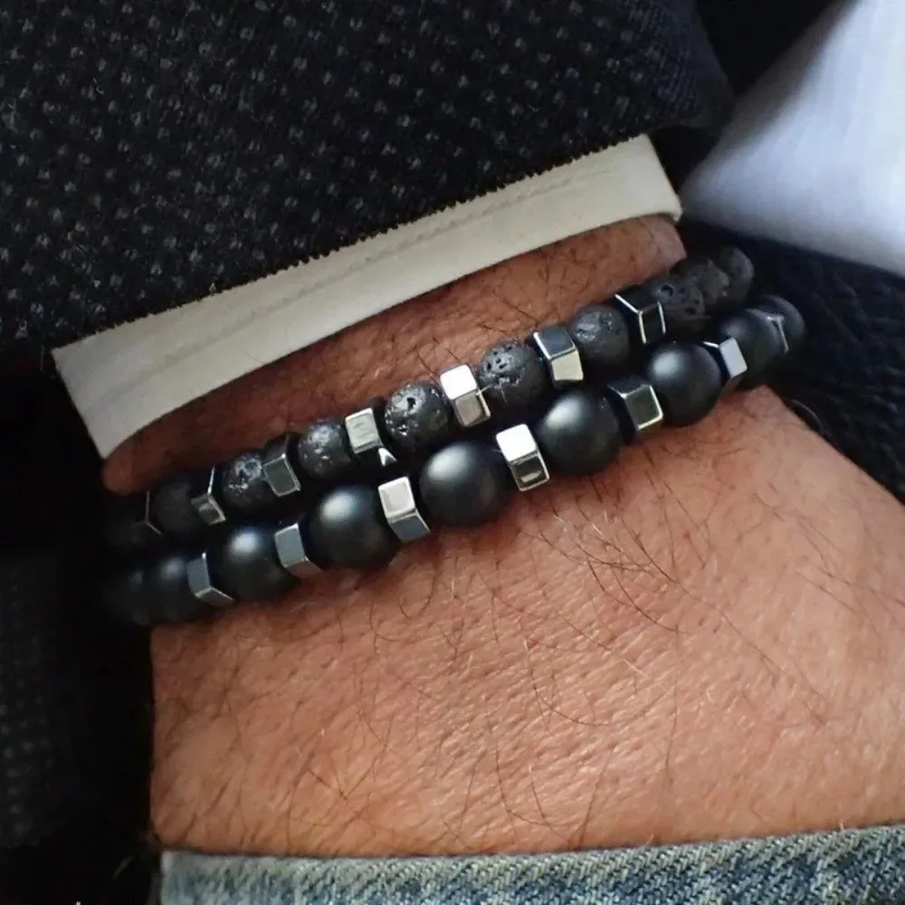 New In Frosted Black Bead Volcanic Stone Men’s Bracelet Set Double Layer Nature Stone Beaded Bracelets Gifts image 2