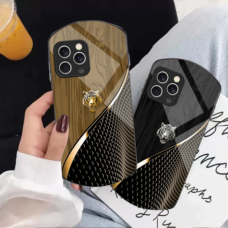 

Милый чехол для телефона с золотым тигром (коричневый) для iPhone 16, 15, 14 Pro, 13 Plus, 12 mini, 11, 13 Pro Max, XR, Xs, X, 7, 8, 6, эллиптический, из закаленного стекла