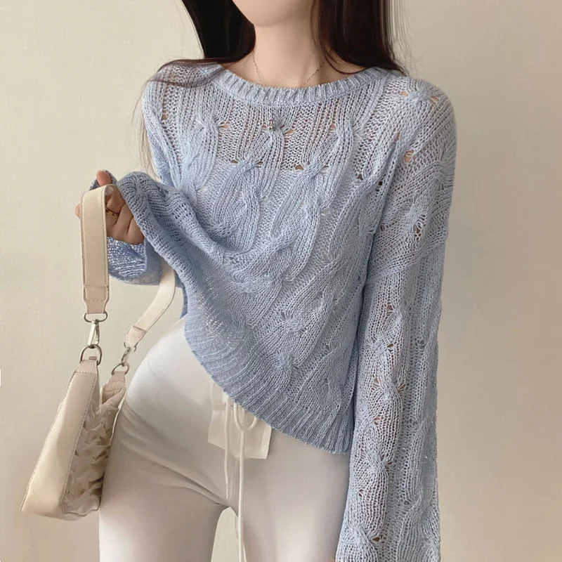 Zomer Ijs Zijde Gebreide Blouse Lange Mouwen Shirt Koreaanse Mode O-hals Sexy Uitgehold Tops Casual Losse Kleding Dunne Blusas 27181