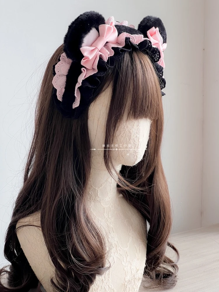 Original Handmade Lolita Bear Ear Lace Headband Cute Bow Kc