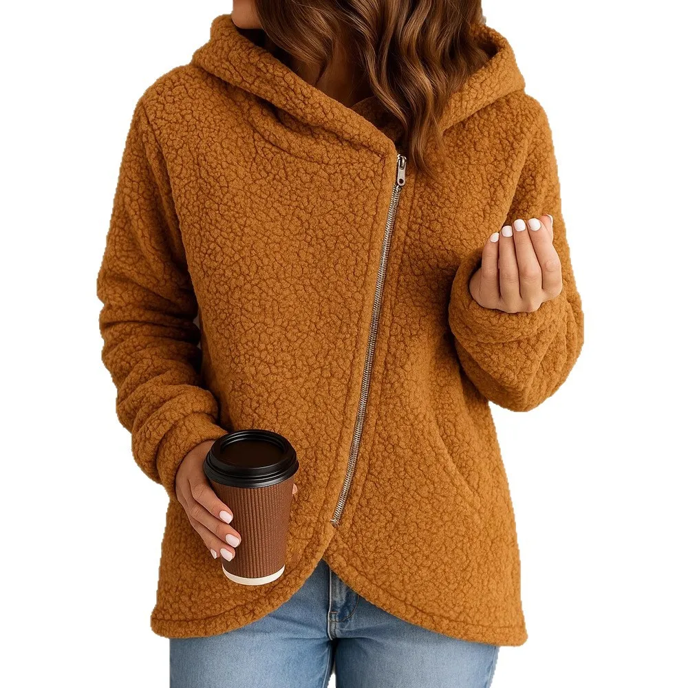 2026 New Fashion Women's Sherpa Hoodie Asymmetric Zipper Long Sleeve Loose Warm Casual Jacket Autumn/Winter Teddy Wool Jacket