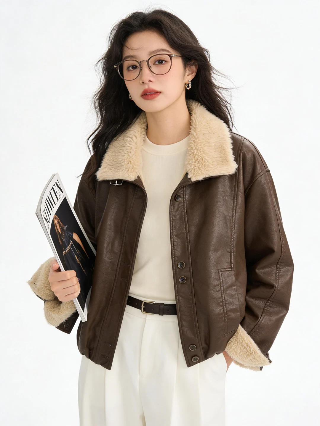 

Женская кожаная куртка-байкер Fce Lined в корейском стиле, теплая, с воротником-стойкой и меховыми манжетами