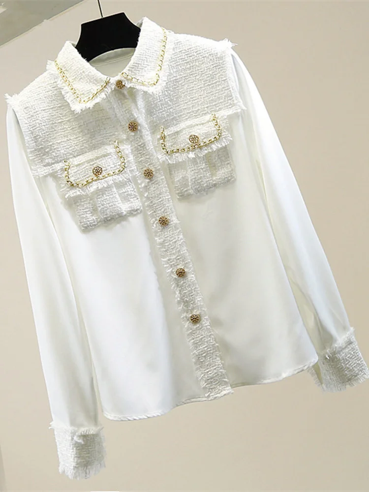 Spring Summer New Tweed Patchwork Chiffon Shirt Blouse Women Vintage Long Sleeve Gold Chain Pearls Weave Tassels Pocket Tops