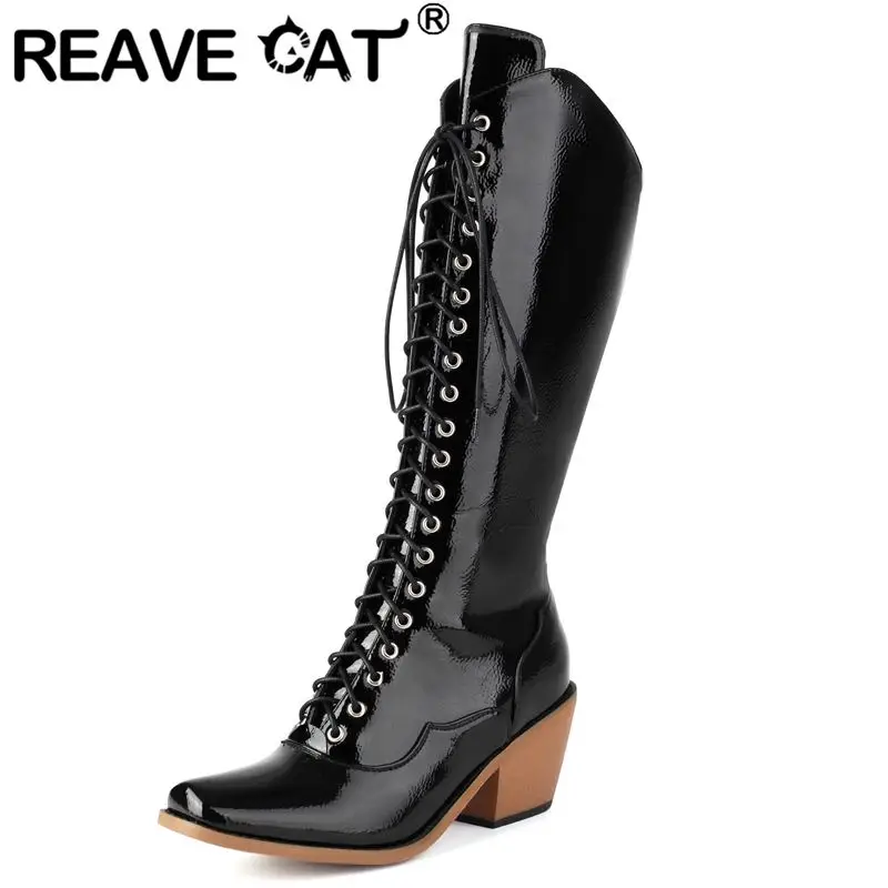 

REAVE CAT 2024 New Roman Women Knee High Boots Square Toe Chunky Heels Lace Up Big Size 40 41 Leisure Retro Ridding Western Bota