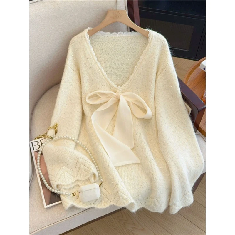 

Модный корейский вариант с бантом и v-образным вырезом, мягкий восковой фиолетовый вязаный свитер, женский осенний темпераментный тонкий топ большого размера, изысканный