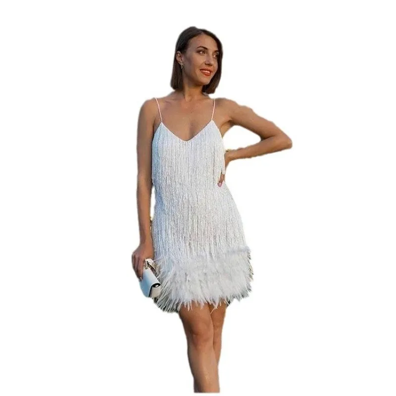 Plus Size Women Sequins Tassel Feather Dress 2024 Autumn Winter Sexy Mini Evening Party Club Elegant High Quality Prom Vestido
