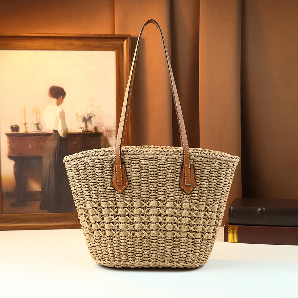 

2026 French Retro Woven Tote Bag Large Capacity Single Shoulder Straw Basket Handmade Paper Rope Woven Breathable Lightweight