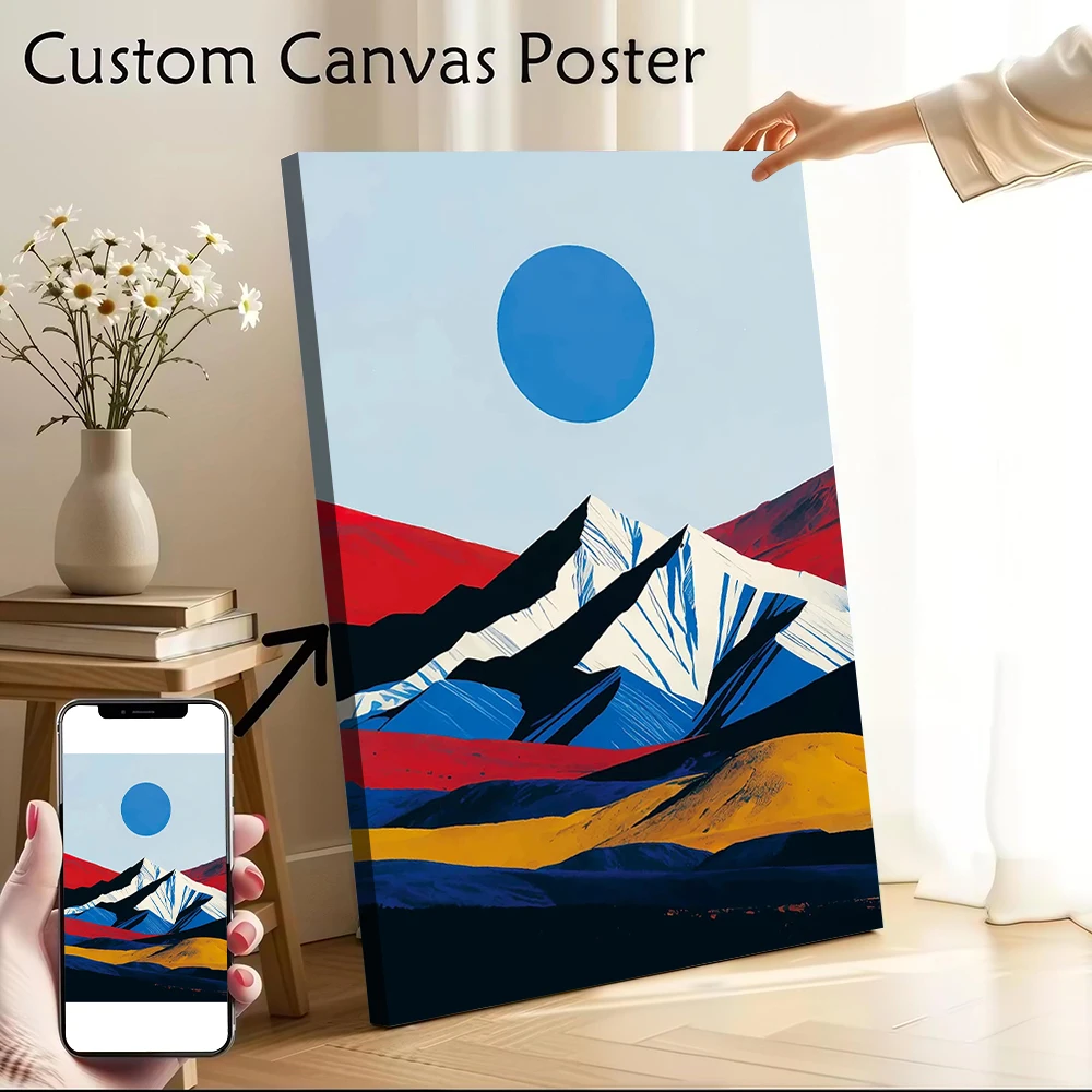 

Abstract Mountain Landscape With Blue Circle Printed Canvas Poster Custom Pictures Wall Art Canvas Painting for Room Ornaments