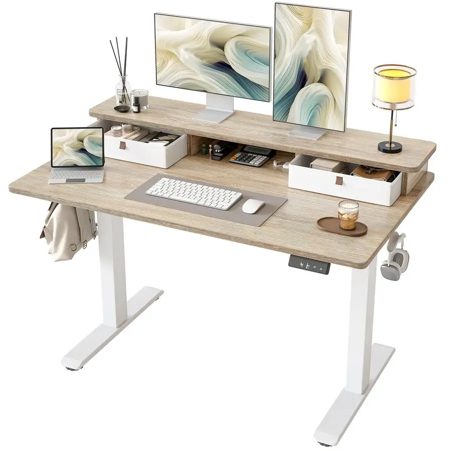 

Standing Desk with Two Drawers, Stand Up Standing Desk Adjustable Height, Electric Sit Stand Table with Storage Shelf and Splic