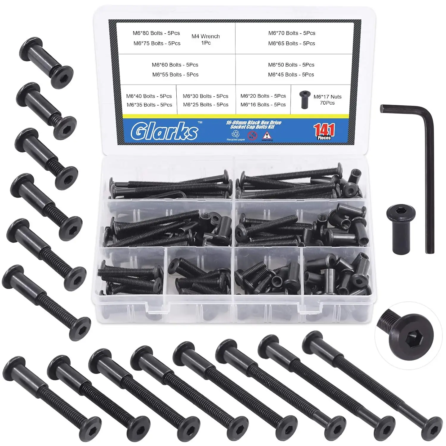 

141Pcs M6 Black Hex Socket Cap Bolts Kit with Nuts and Allen Wrench for Furniture Assembly