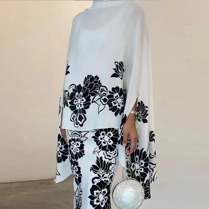 Modigirl Fashion Muslim Abaya Atasan Rok Longgar Dua Potong Set Musim Gugur Musim Semi Cetak Bunga Set Pakaian Muslim Wanita 2025 Baru