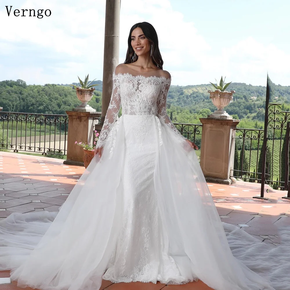 

Verngo Tulle Boat-neck Wedding Dress Full Sleeves Mermaid Detachable Court Train Bridal Gowns Classic Bride Dress Customized