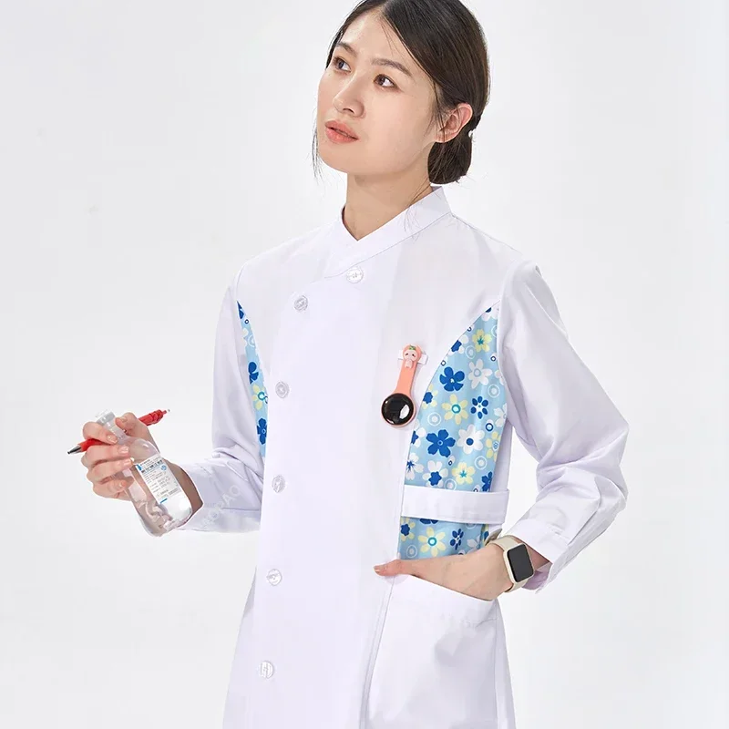 Medical Nurse Gown Women Scrub Uniform Robe White Long Sleeve Workwear Hospital Scrubs Nursing Dress Healthcare Uniforms