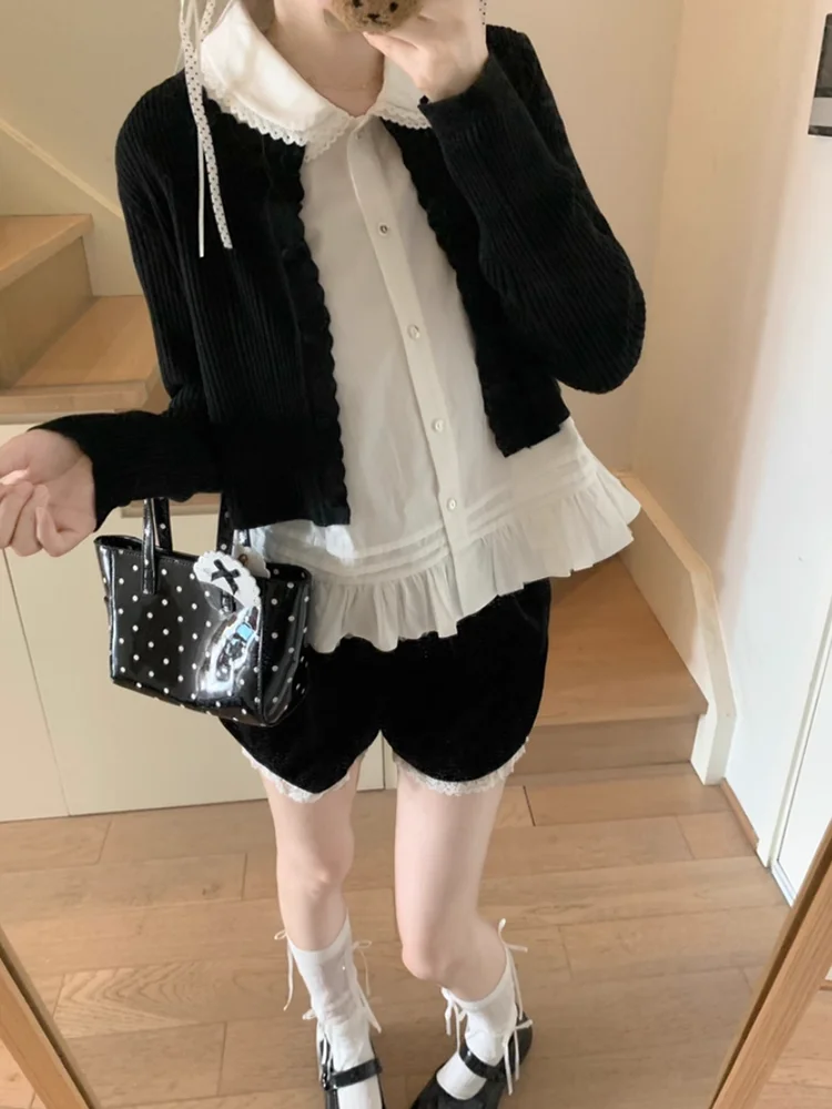 Bla Lace Trim Geborduurde Pop Kraag Lange Sve irt Dames Faion Set Tweedelige Suite Herfst 2025, Nieuwe Sle Ele