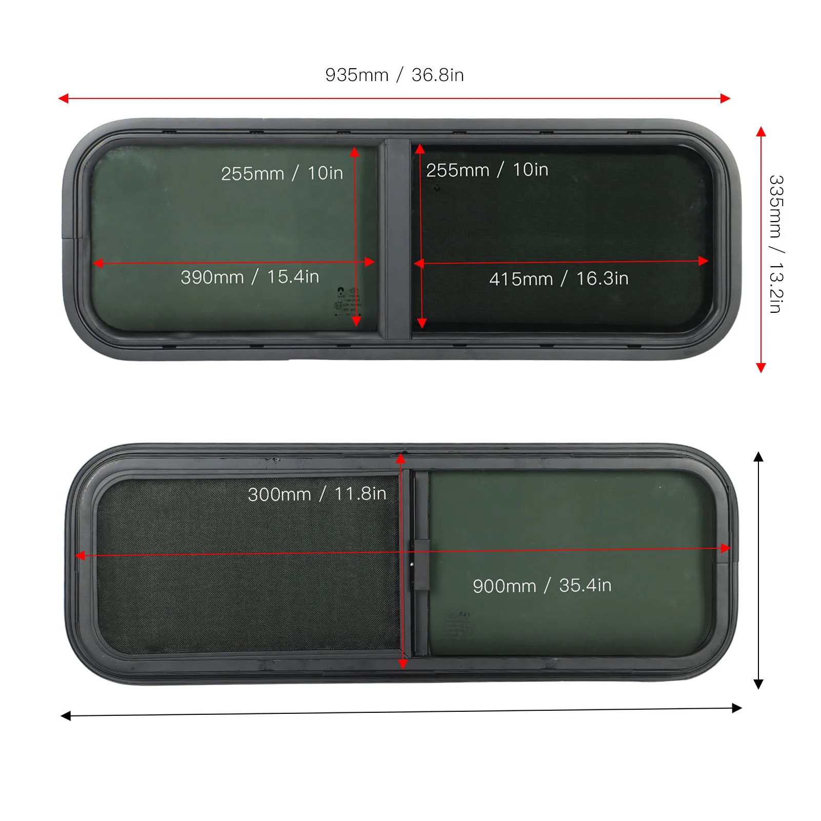 900x300mm RV Sliding Window, Round Angle Sliding RV Window Black Tempered Glass Shade Window for Camper Trailer