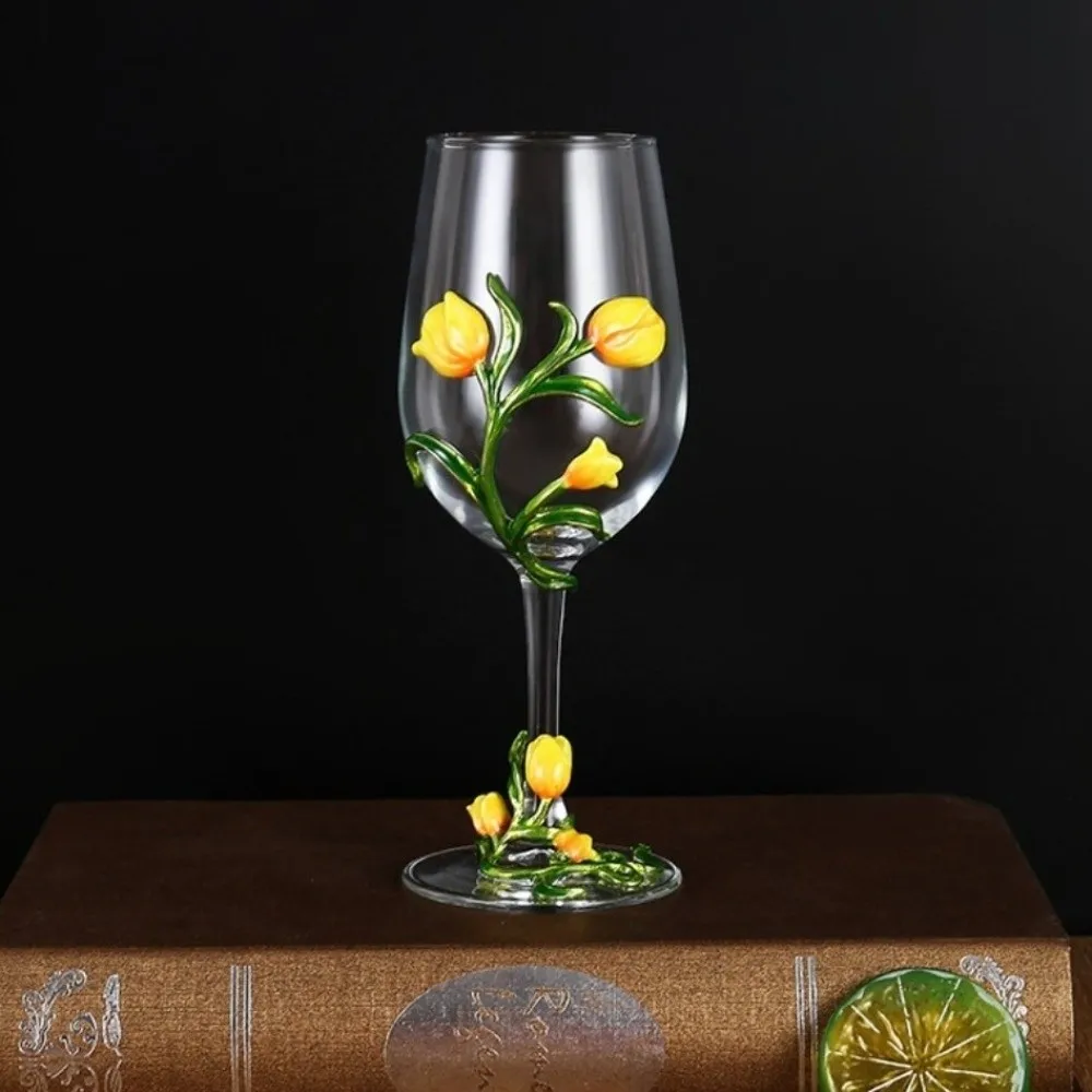 Glassware Tulip Floral Tulip Flower Wine Glass 350ML Elegant Clear Stemmed Cup 3D Creative Transparent Tall Glass Table Decor
