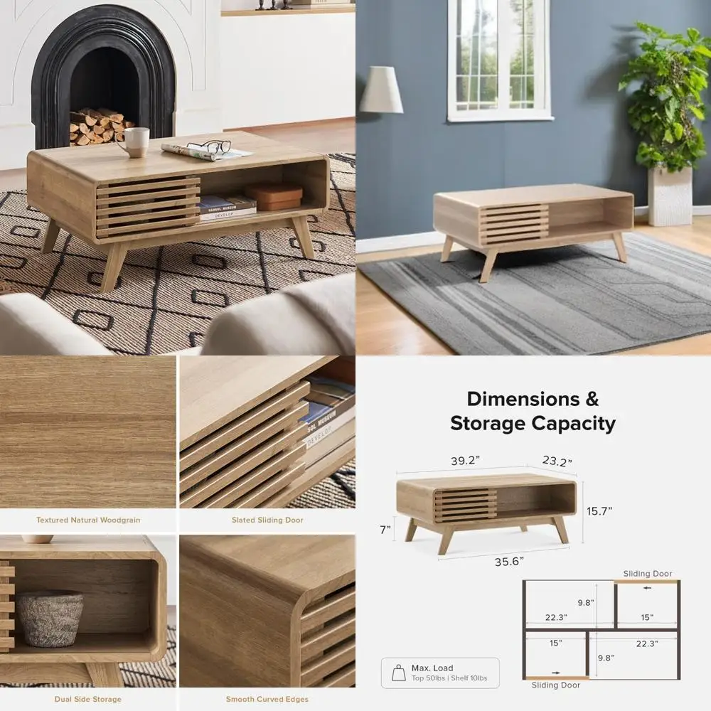 

Журнальный столик из дубового дерева в стиле фермерского дома середины века с местом для хранения вещей для гостиной