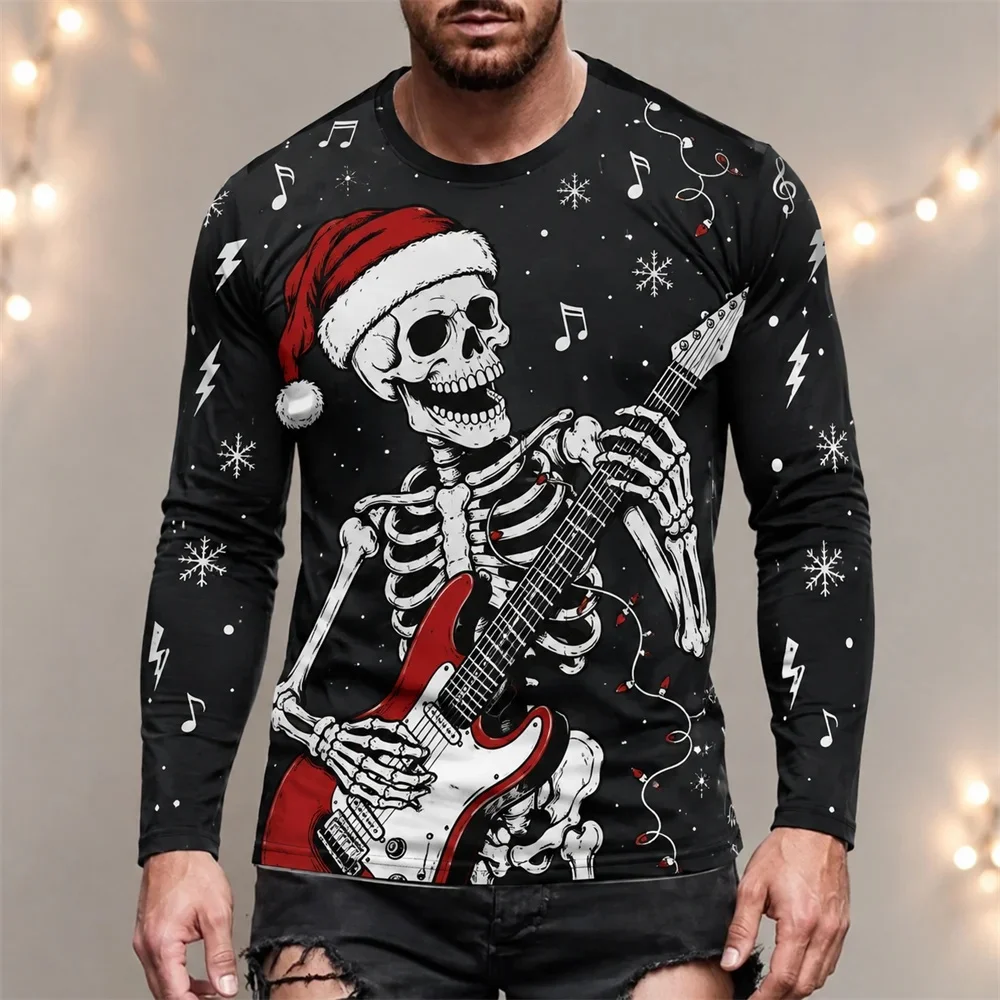 2026 new autumn and winter fun skeleton men's long sleeved T-shirt Halloween Christmas round neck 3D printed streetwear trend