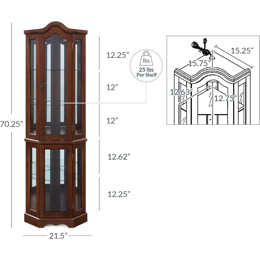 Gabinete de curiosidades con tapa curvada y pantalla de esquina iluminada, estantería de madera con puerta de vidrio templado, barra y área de almacenamiento de licores