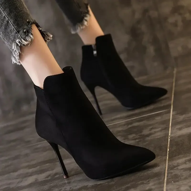 Women's Boots Temperament Pointed High Heeled Boots Quality Suede Leather High Heeled Short Boots Sexy Stiletto Heels Ankle Boot