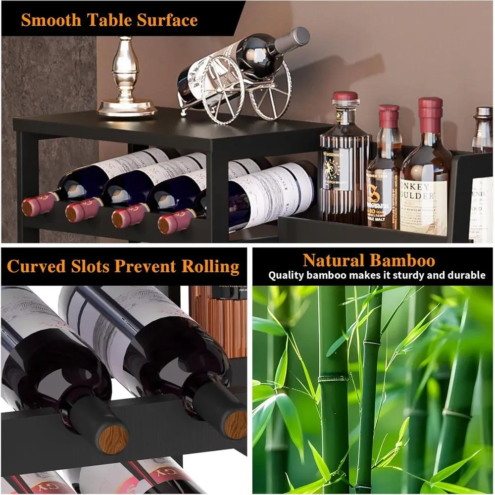 Compact Bamboo Liquor Shelf for Home Bar, Freestanding Wine Rack, Living Room Mini Bar Table, Black