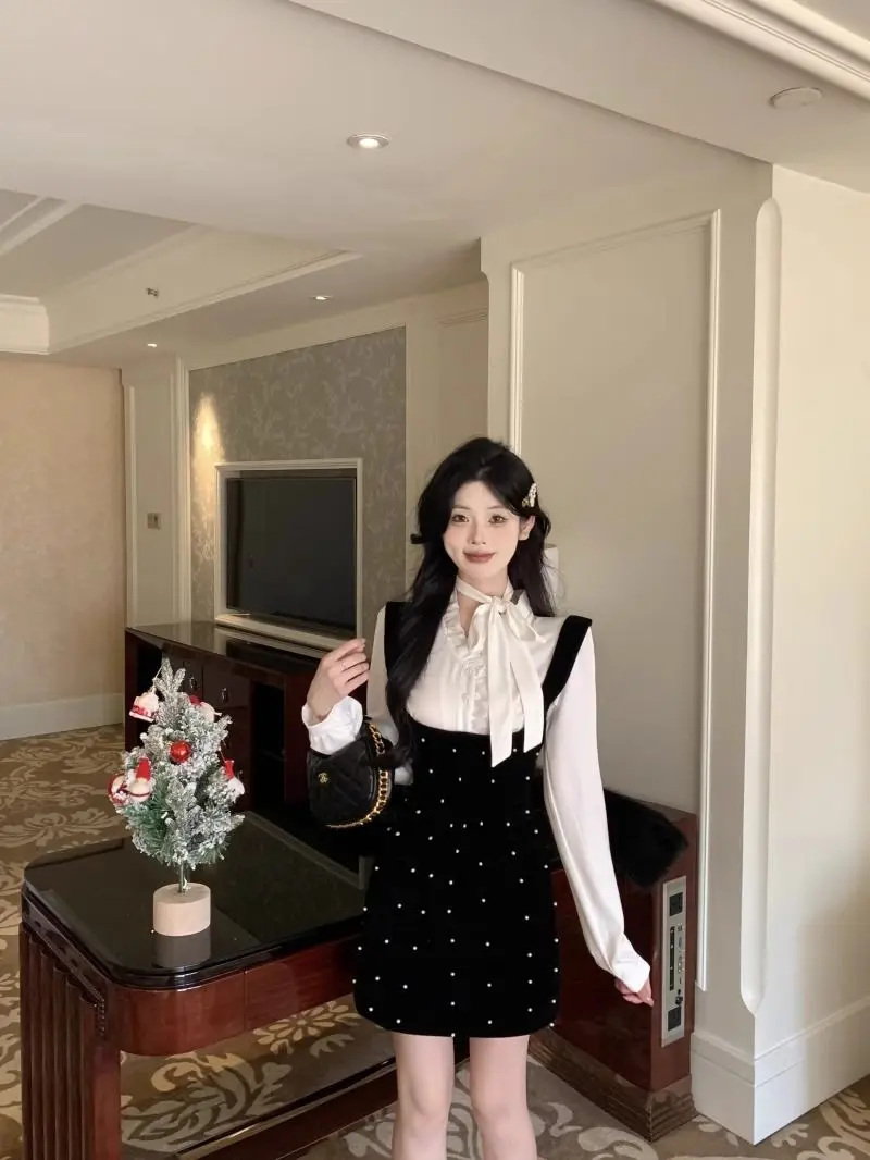 

Gagarich Heavy Industry Nail Bead Velvet Suspender Dress Women Spring Autumn Layered Paired French Slim Skirt White Shirt Set