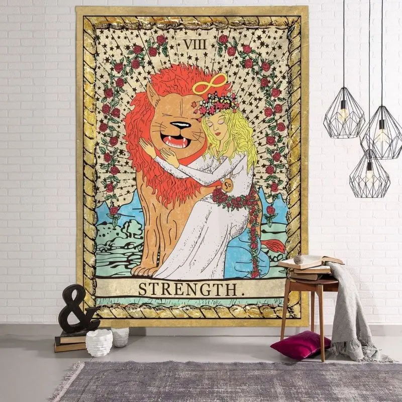 VIKAMA Tarot Strength Woman Lion Horizontal Tapestry Wall Hanging for Bedroom Aesthetic Cozy Trendy Simple Chic Home Decor