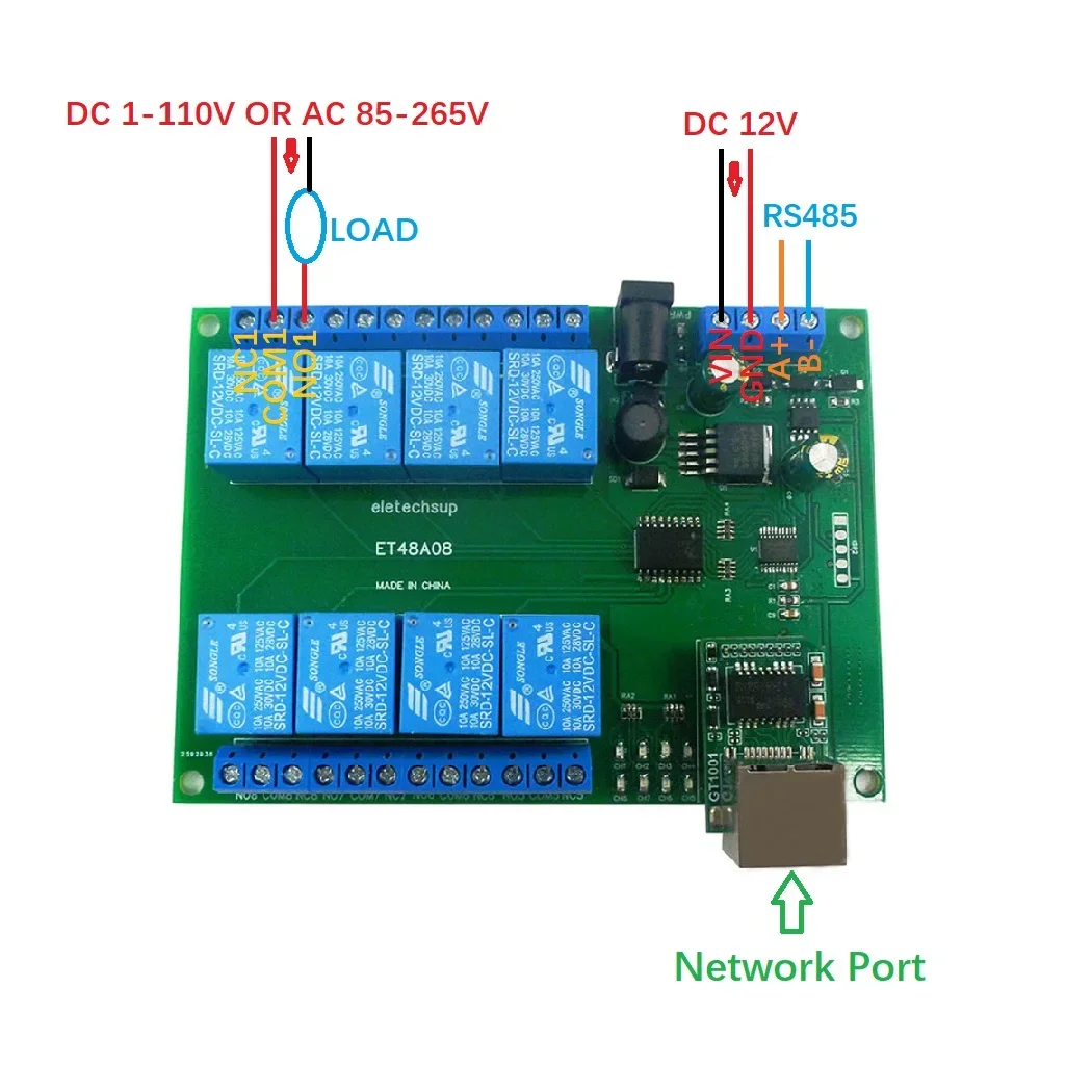 

ET48A08 DC12V 2 IN 1 8CH Ethernet RS485 Relay Module Modbus Slave RTU TCP/IP UART Network Controller Switch PLC Control Board