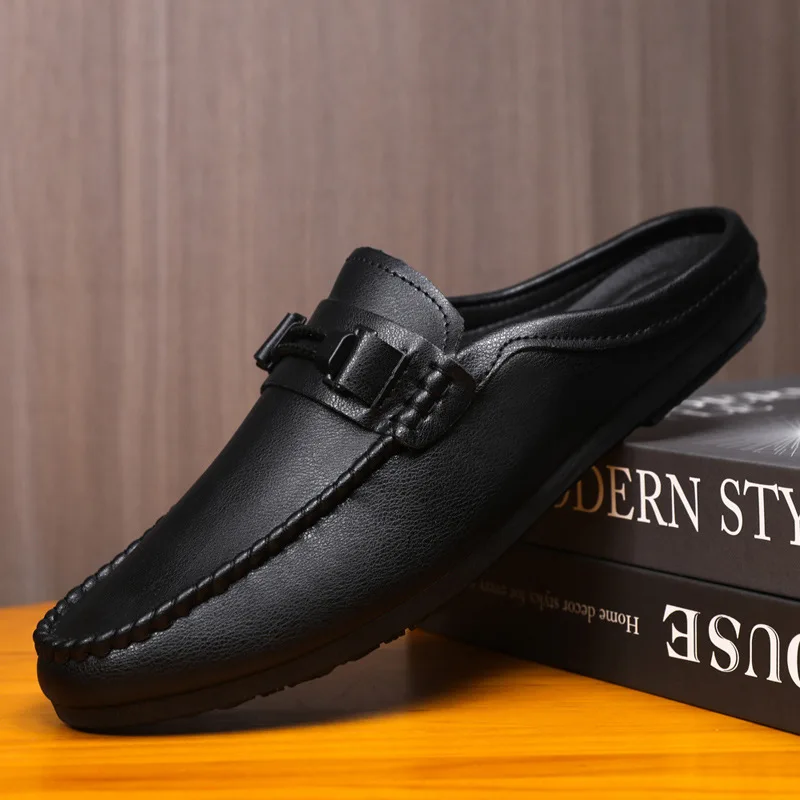 

Men's Leather Casual Shoes Fashion BaoTou Half Slippers 2025New Comfort Flats Moccasins Soft Soled Driving Shoes Slip-on Loafers