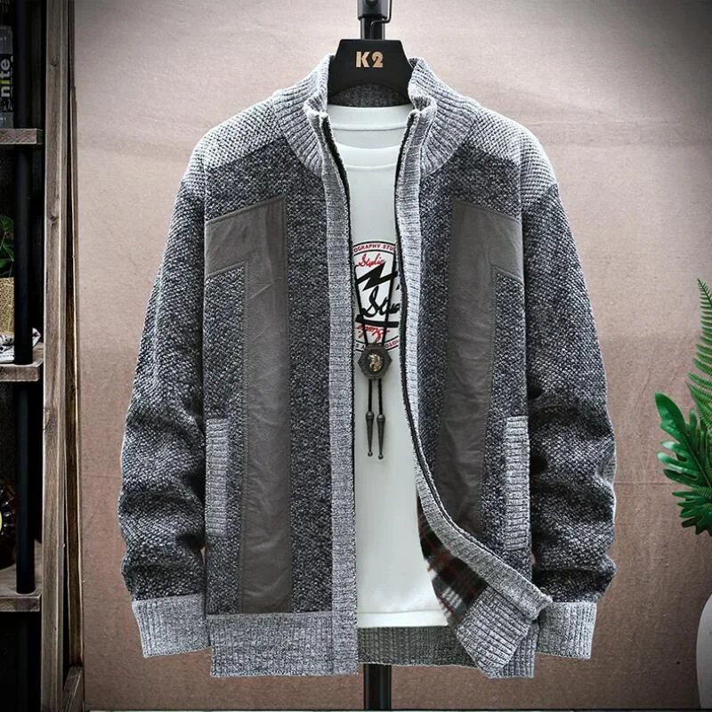 New Men\'s Winter Thick Hooded Sweater Fleece Slim Cardigan Male Autumn Knitted Sweatercoat Patchwork Jacket Plus Size 4XL