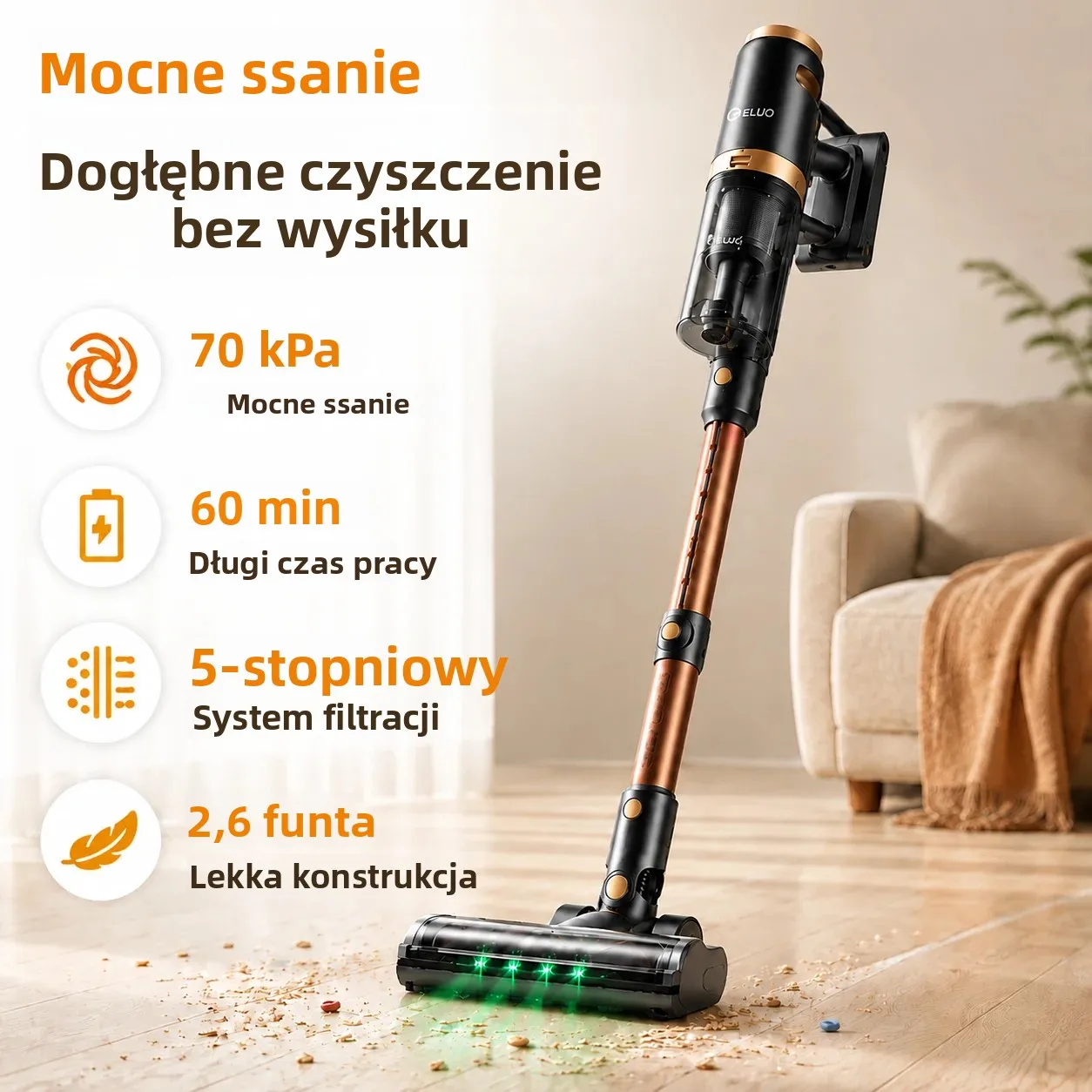 Odkurzacz bezprzewodowy, pionowy samostojący z ekranem dotykowym, moc ssania 70KPa, silnik 580W, do 70 min pracy, szczotka zapobiegająca plątaniu do sierści zwierząt, dywanów i podłóg drewnianych
